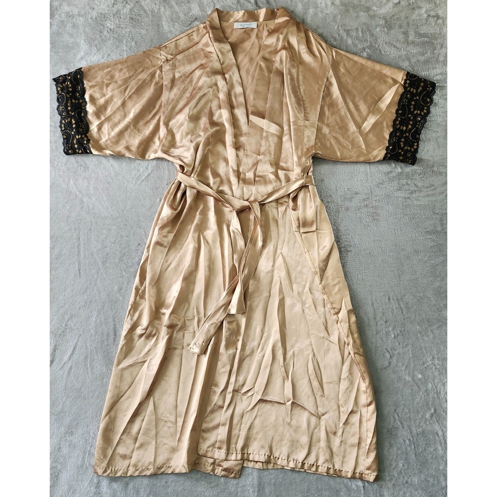 VTG Made In USA Dreamtime Gold And Black Lace Robe w/ Belt Size M Goddess